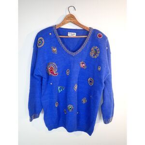 Exclusive Imports Vintage Sweater Blue Beaded Granny Golden Girls 80s Large